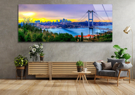 Brightest area shows the golden sunset illuminating the Istanbul Bridge landscape glass printing, providing a vibrant skyline panorama across tempered glass.