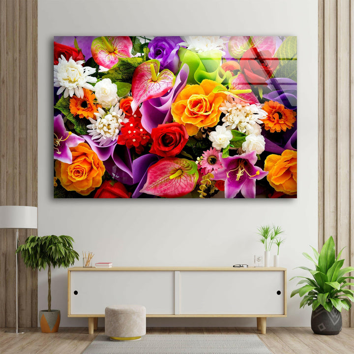 Mixed Flower Varieties Glass Wall Art, large glass photo prints, glass wall photos