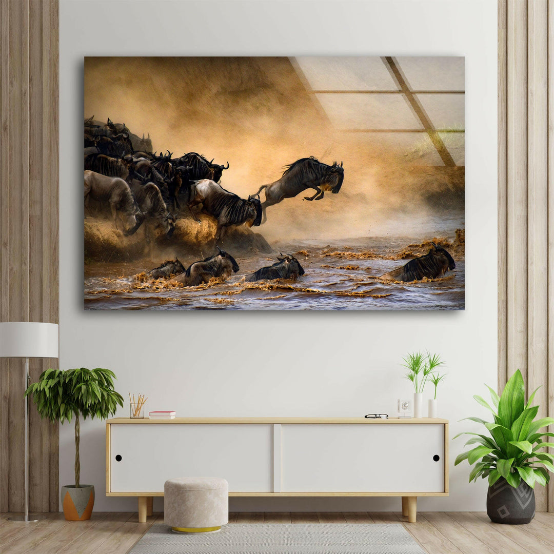 Wildebeests Running on Safari Glass Wall Art custom glass pictures, glass art prints