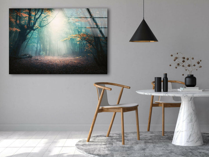 Soft Sunlight in a Misty Forest – A Breathtaking Glass Artwork

