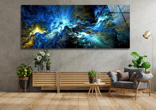 Blue black lightning cloud abstract glass wall art features a panoramic design and vivid colors above a wooden sideboard in a living room
