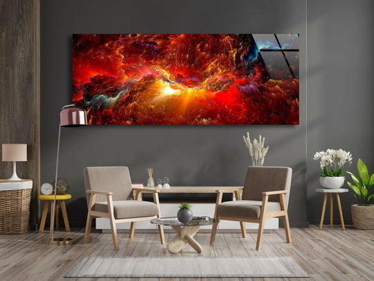 Red Cloud abstract glass wall art displays a fiery panoramic scene and vibrant red hues and is a stunning statement piece for modern wall decor above a sofa