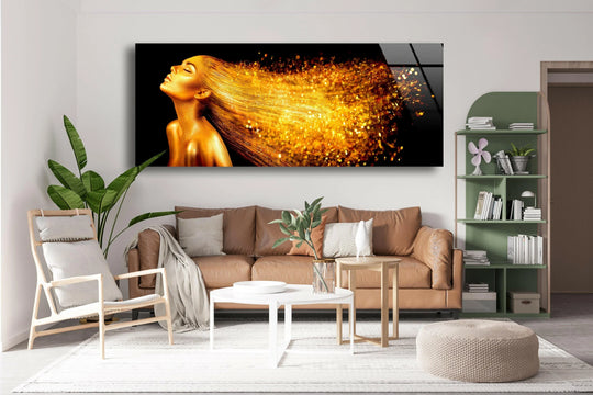 Panoramic art featuring a woman with golden glitter flowing hair is golden glitter woman wall art with luxury elegance and wall art decor