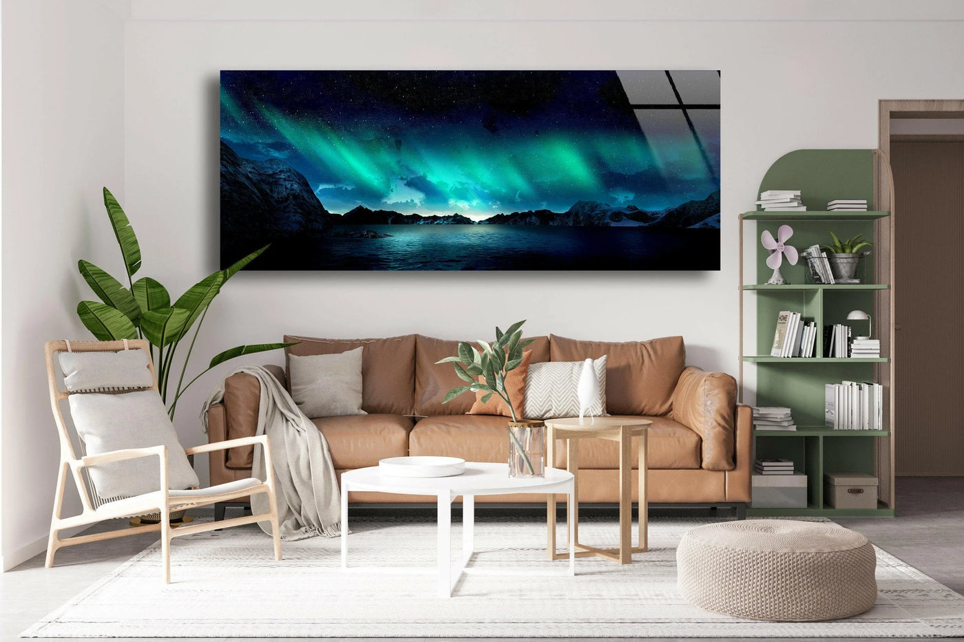 The captivating focal point of this Northern Lights and lake landscape glass wall art creates a unique modern wall decor piece, beautifully showcasing the panoramic aurora view.