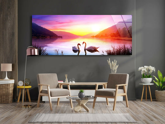Panoramic swans over lake at sunset landscape and vibrant colors create serene nature scene on glass wall art decor
