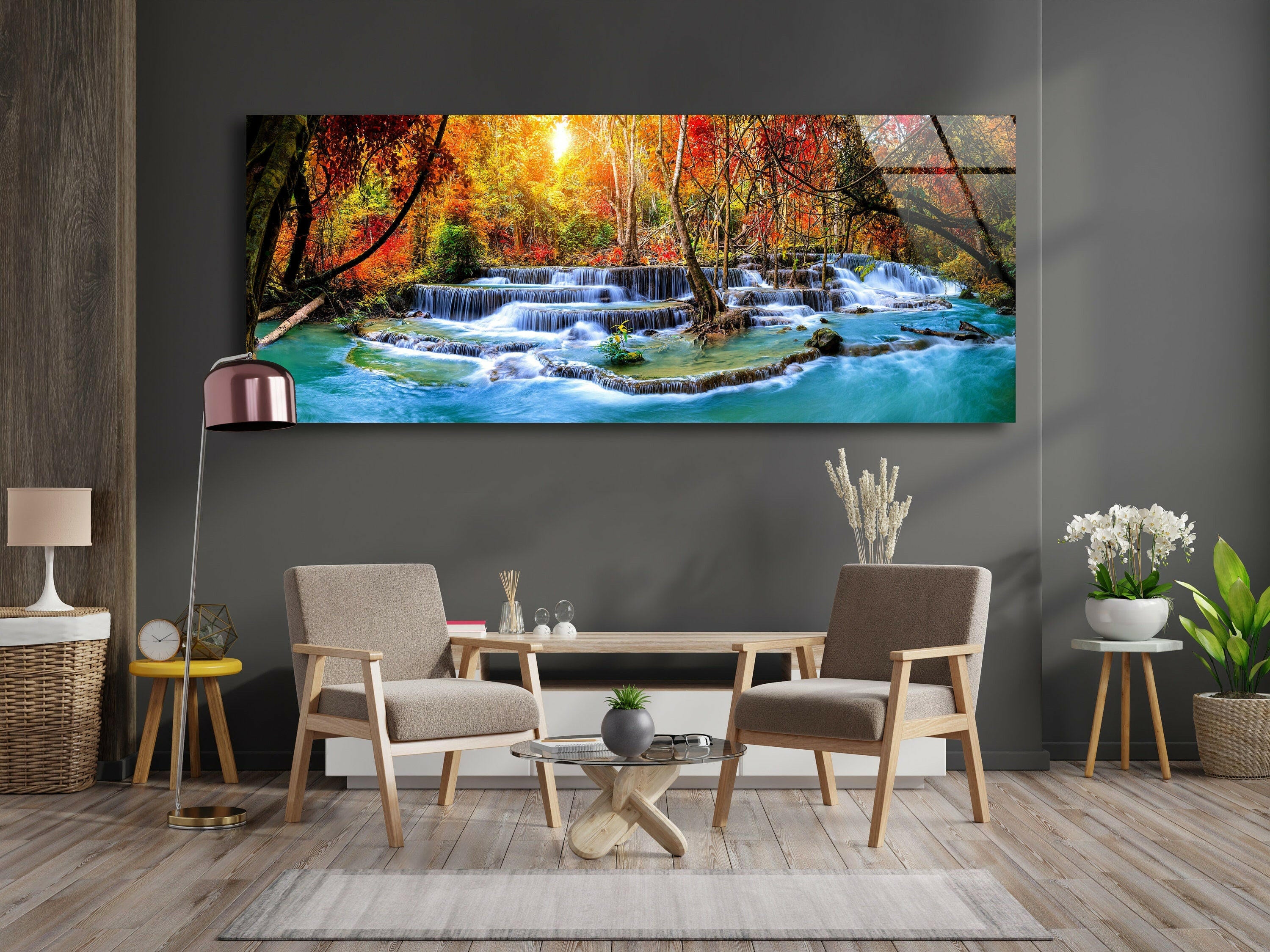 Panoramic Waterfall View at Forest Tempered Glass Wall Art