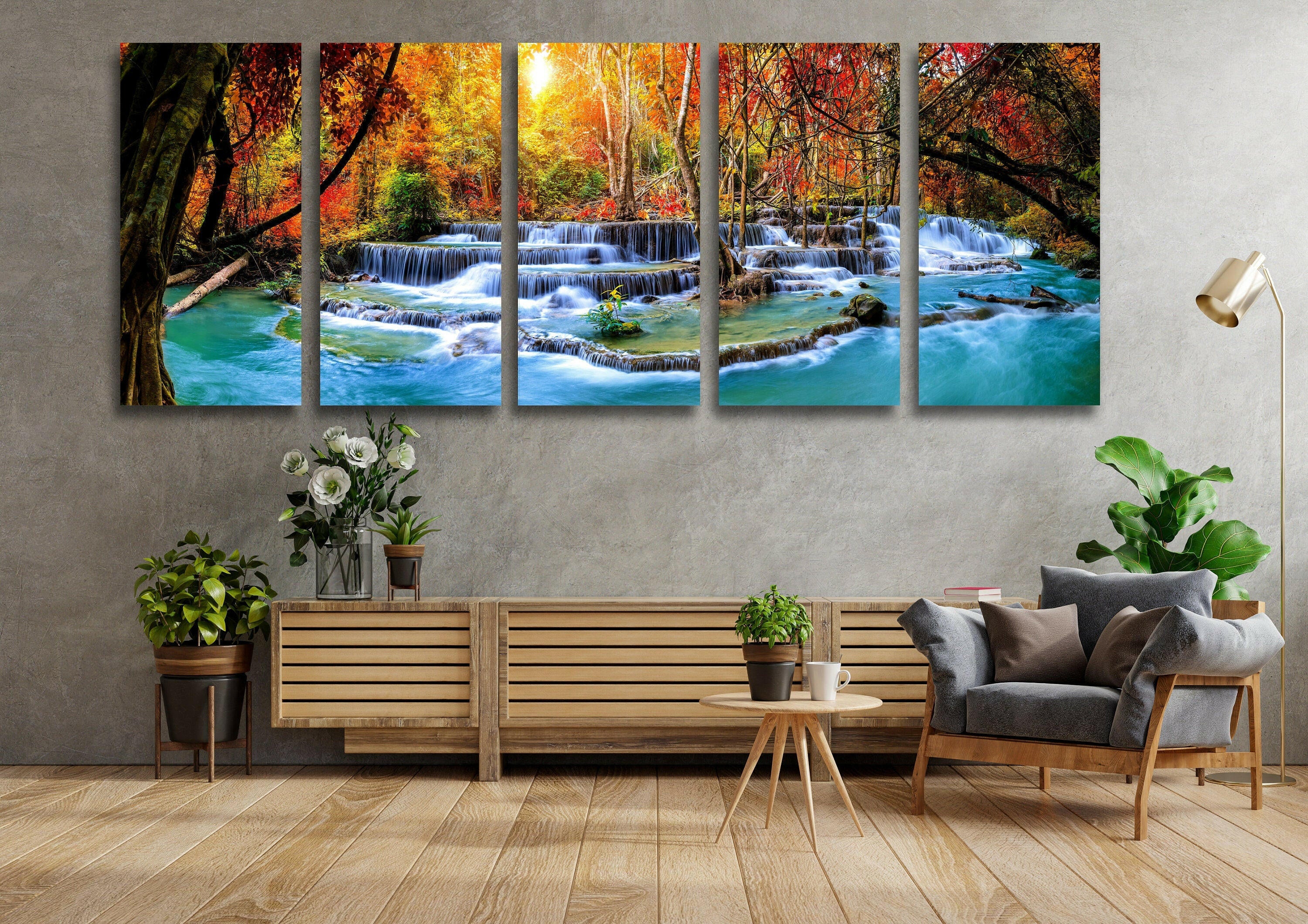 Panoramic Waterfall View at Forest Tempered Glass Wall Art