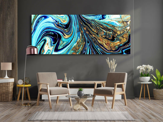 The realistic detail highlights the swirling, vibrant colors of this tempered glass wall art featuring a blue and gold marbling abstract design.