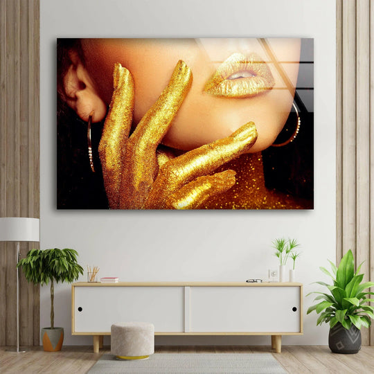 Golden woman glass wall art features a rich, glittering finish on hanging wall art.