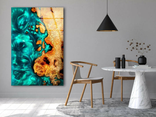 Vibrant teal epoxy art from glass transitions dramatically into warm, organic wood patterns.