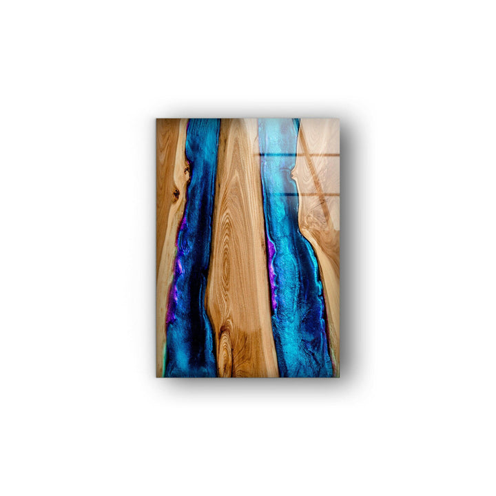 Wandkunst aus Holz und blauem Epoxidglas
