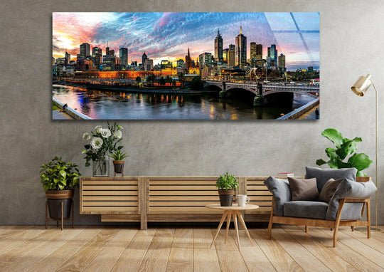 Achromatic shift in the Downtown Melbourne cityscape glass wall artwork showcases a mesmerizing gradient across the urban panorama.