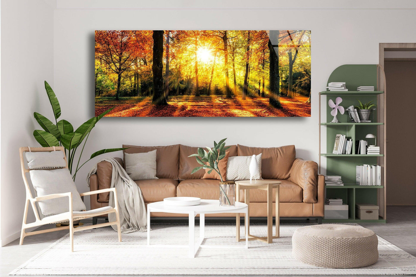 Sunlight casts long, dramatic shadows across the forest floor in this landscape autumn forest glass art, highlighting the interplay of light and shadow in the glass art.