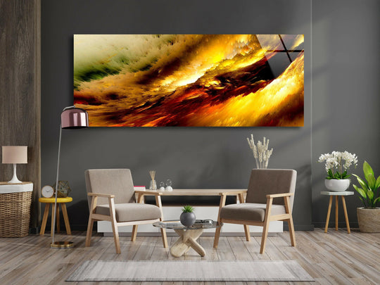 Yellow Cloud abstract glass wall art features a vibrant golden and red swirling motif and a glossy finish perfect for modern wall decor and a living room