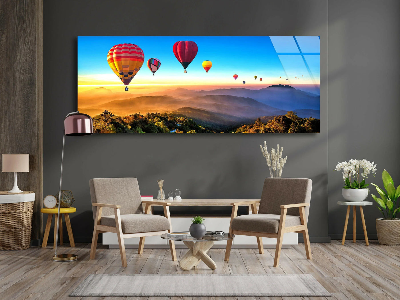 The sharp edge and borders of this panoramic tempered glass wall art showcase a vibrant hot air balloon landscape, offering a sleek, modern aesthetic.
