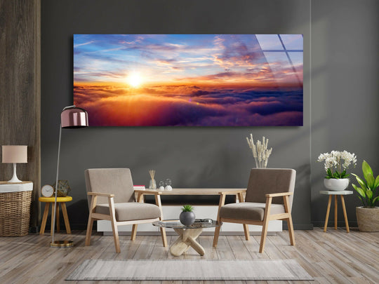 Panoramic glass wall art dreamy sunset sky and landscape art plus vibrant color and radiant decor
