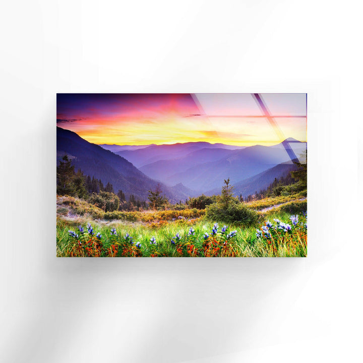 Peaceful Wildflower Meadow with a Majestic Mountain Backdrop – Glass Artwork
