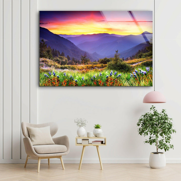 Rolling Hills and Sunset Glow – A Captivating Glass Wall Art Piece
