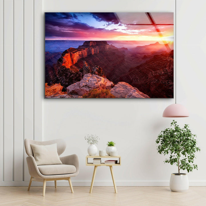 A tranquil glass wall art piece showcasing the Grand Canyon’s epic landscape with rich earthy tones.







