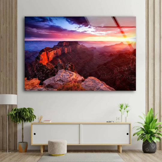 Showcasing depth and layers, this glass art features a Grand Canyon sunset with a majestic glow, creating an immersive landscape with rich details in each ridge and sunlit layer.