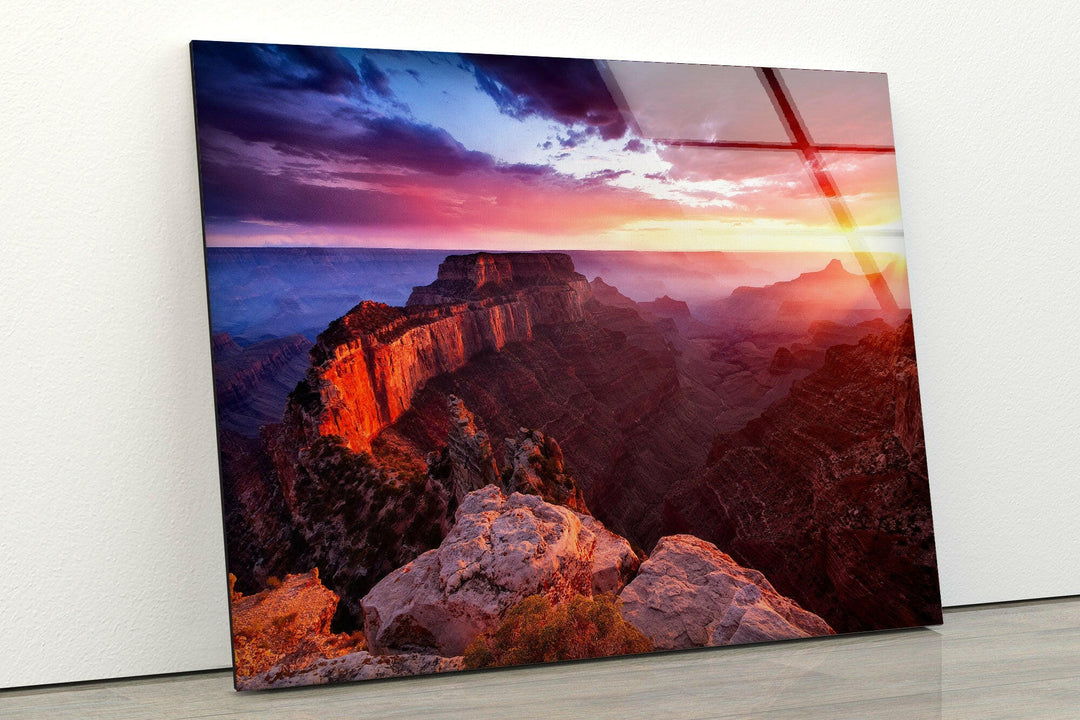 Panoramic Canyon Sunset Scene with Fiery Skies on Glass Wall Décor
