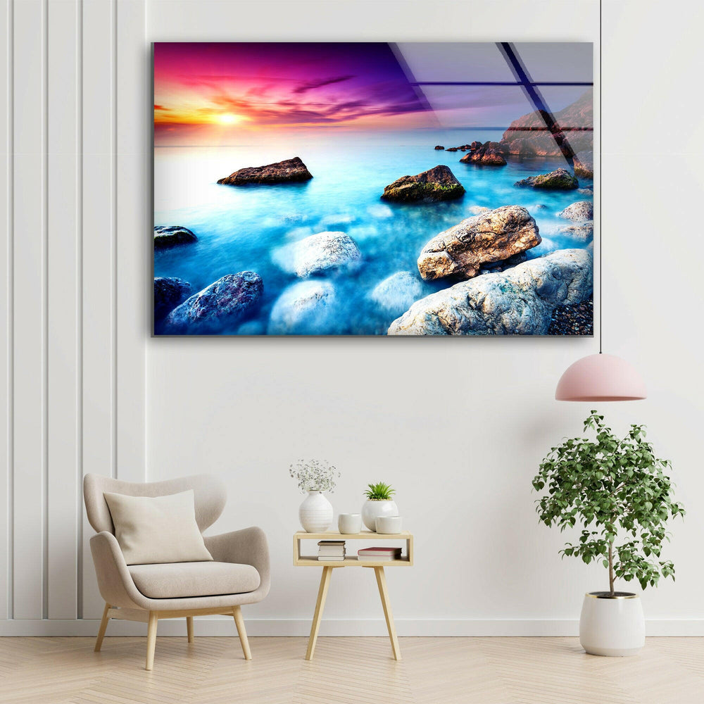 Tranquil Seaside Sunset with Coastal Rocks – High-Definition Glass Print

