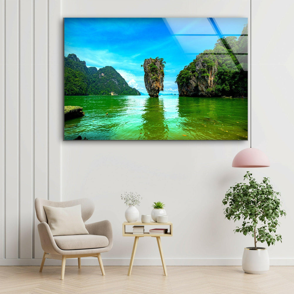 A breathtaking tropical seascape glass wall art featuring Thailand’s iconic limestone cliffs.
