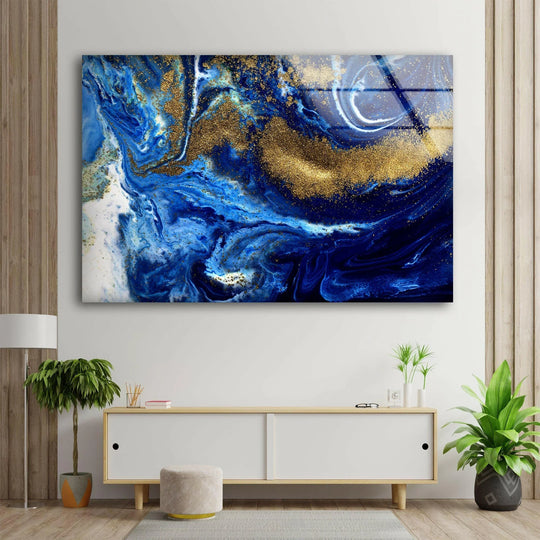 A luxurious transition from deep sapphire to bright azure hues in this abstract glass wall art, accented with shimmering gold.