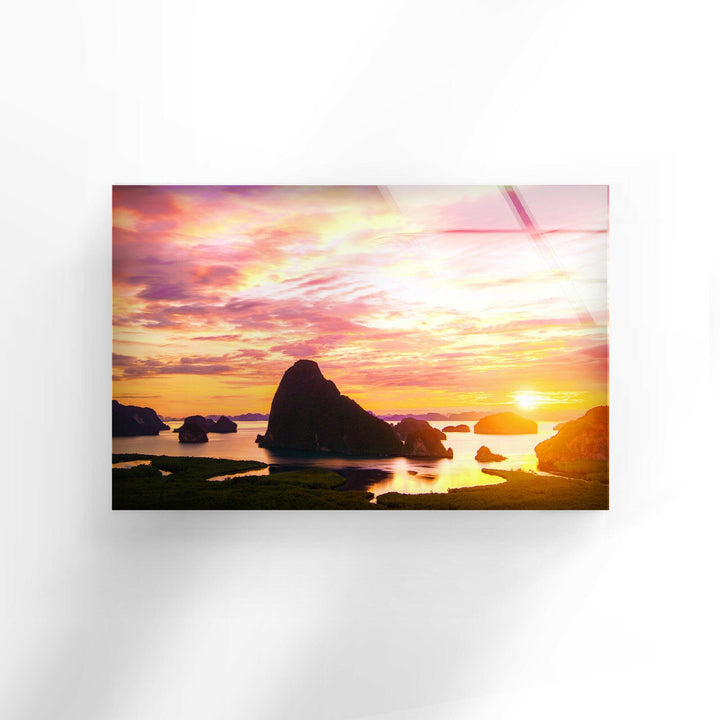 Exotic Island Sunset with Fiery Sky – A Stunning High-Definition Glass Art

