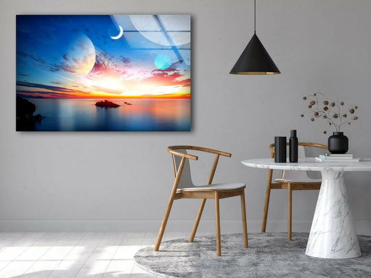 Space wall art sunset on the sea and planets with celestial decor in tempered glass and cosmic hues for a stunning ocean sunset scene