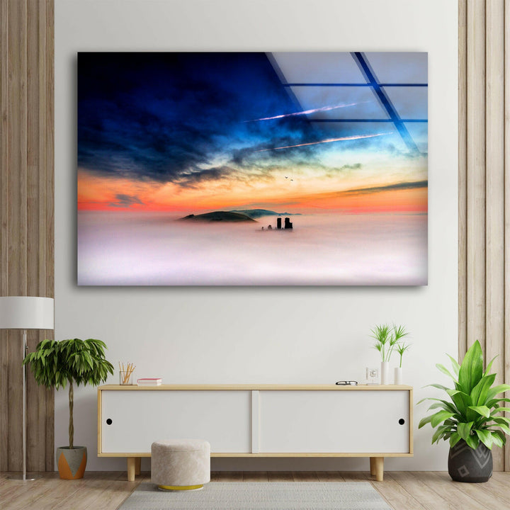 Distant ruins floating above a sea of clouds with a colorful sky.
