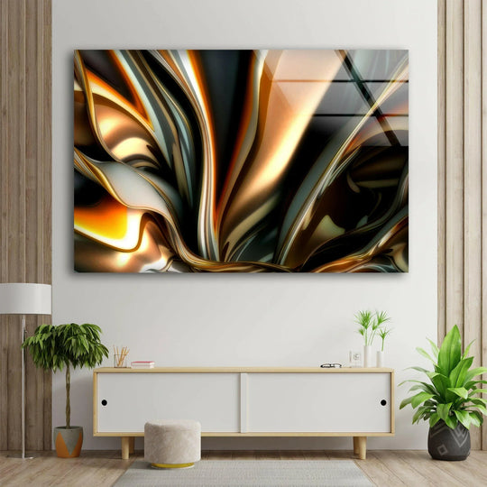 Abstract decorative wall art with warm, golden hues and cool, metallic tones creating a luxurious glow.