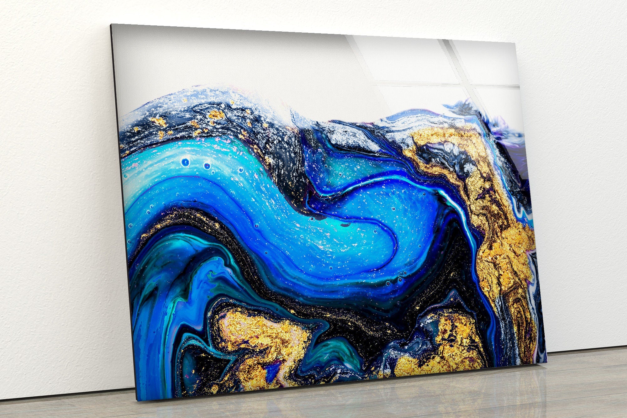 Blue Gold Marble Abstract Tempered Glass Wall Art