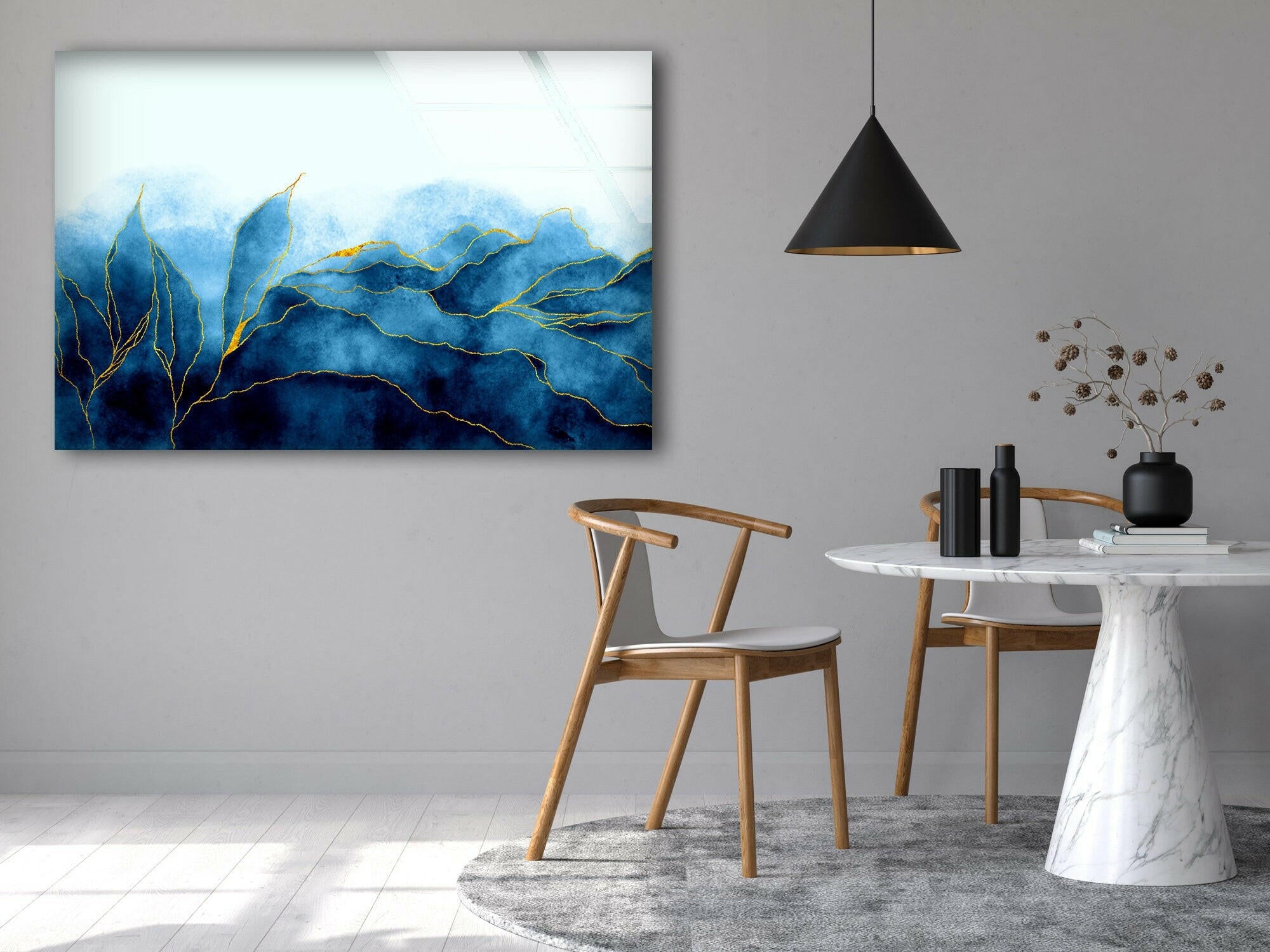 Golden Blue Leaves Tempered Glass Wall Art