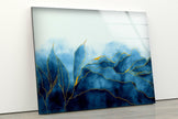 Golden Blue Leaves Tempered Glass Wall Art