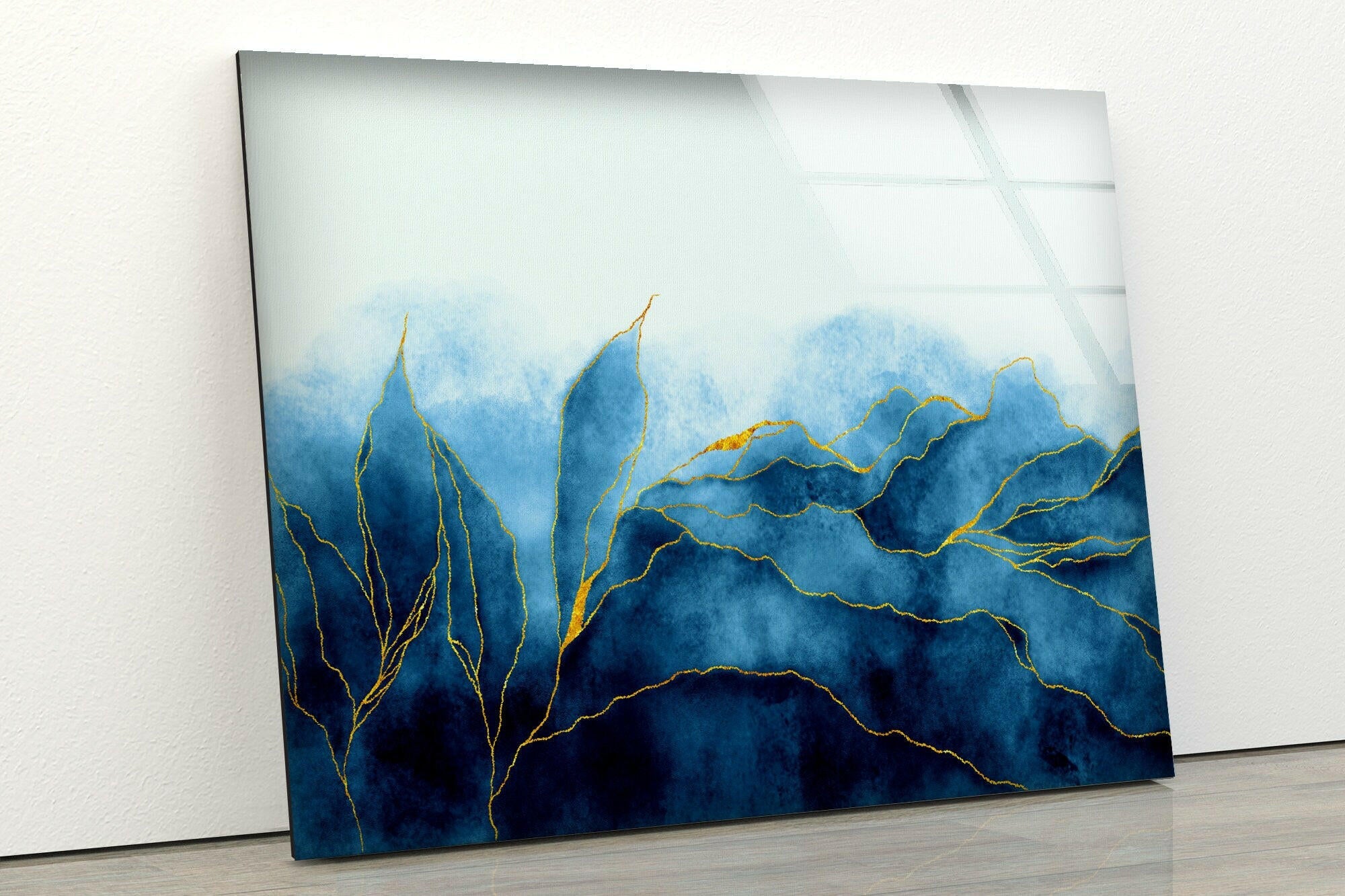 Golden Blue Leaves Tempered Glass Wall Art