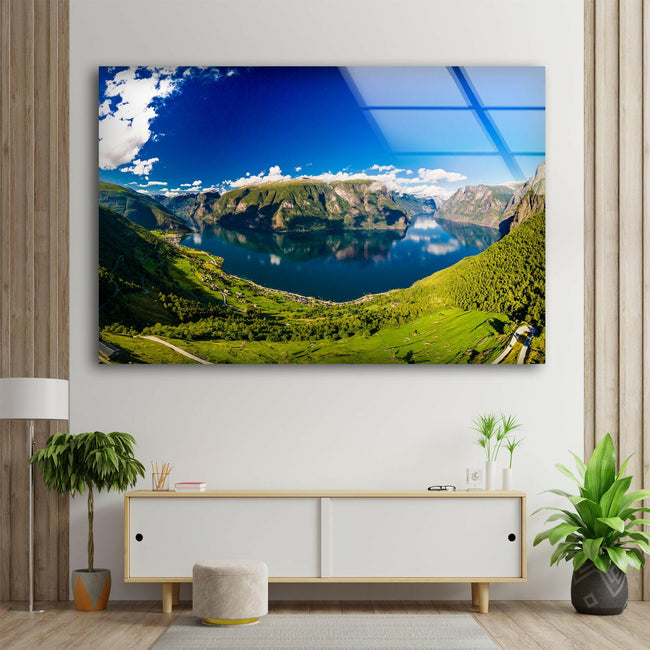 View of the Aurlandsfjord Mountain Tempered Glass Wall Art
