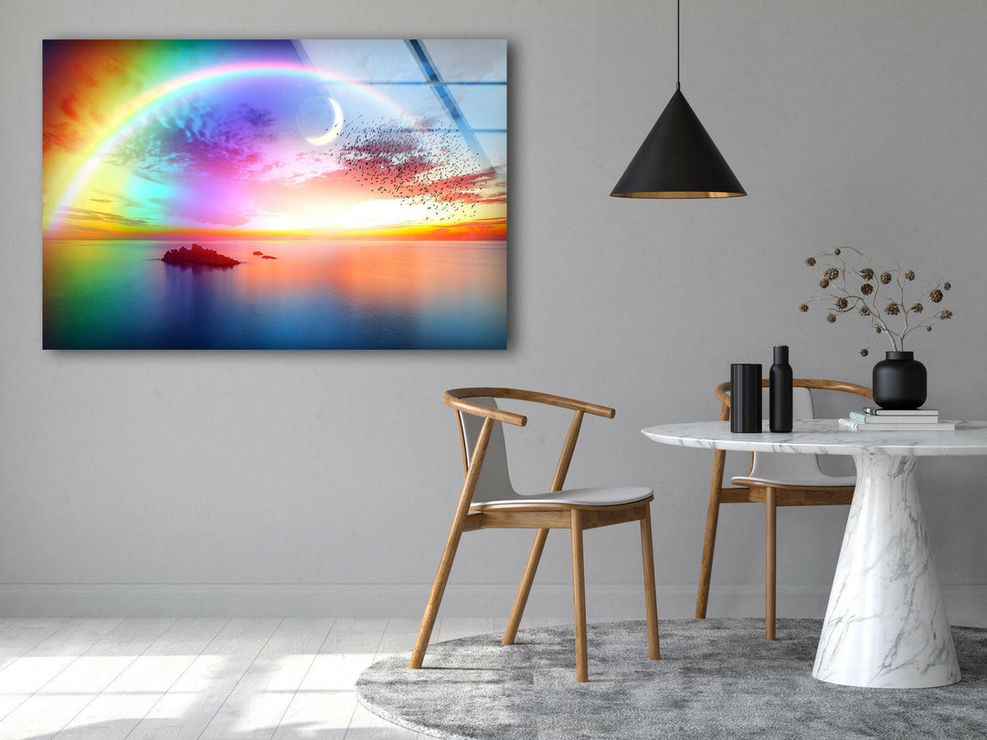 Dreamy Rainbow Arch Over a Calm Sea – High-Definition Glass Print
