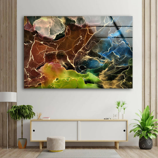 Abstract brown and green glass wall artwork showcases vibrant layering and rich, organic textures.