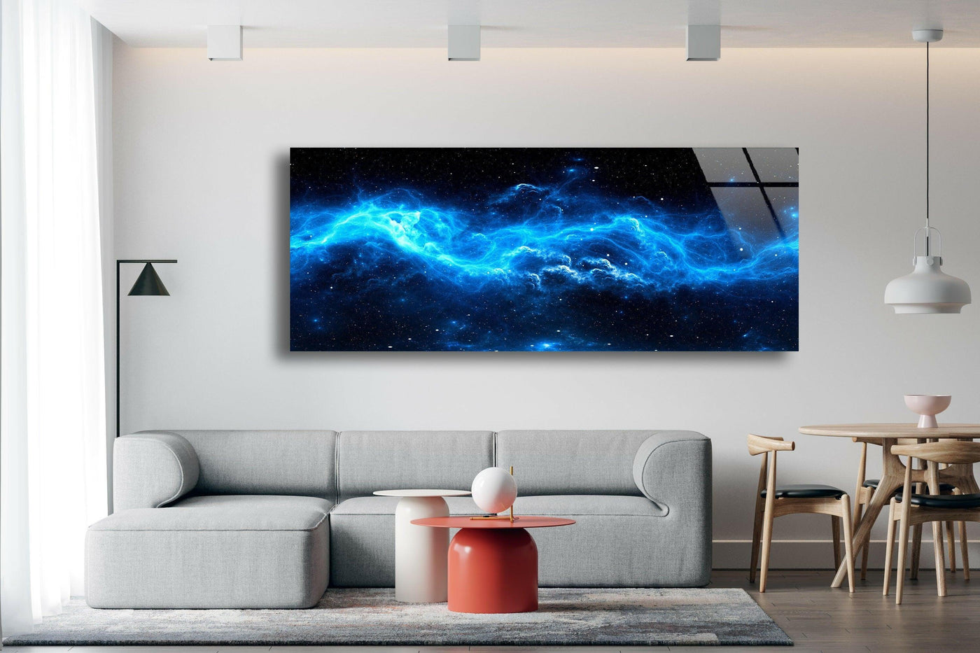 The darkest area accentuates the mesmerizing depth of this blue galaxy and nebula star wall art prints, creating a celestial panorama on glass that captivates with its cosmic allure.