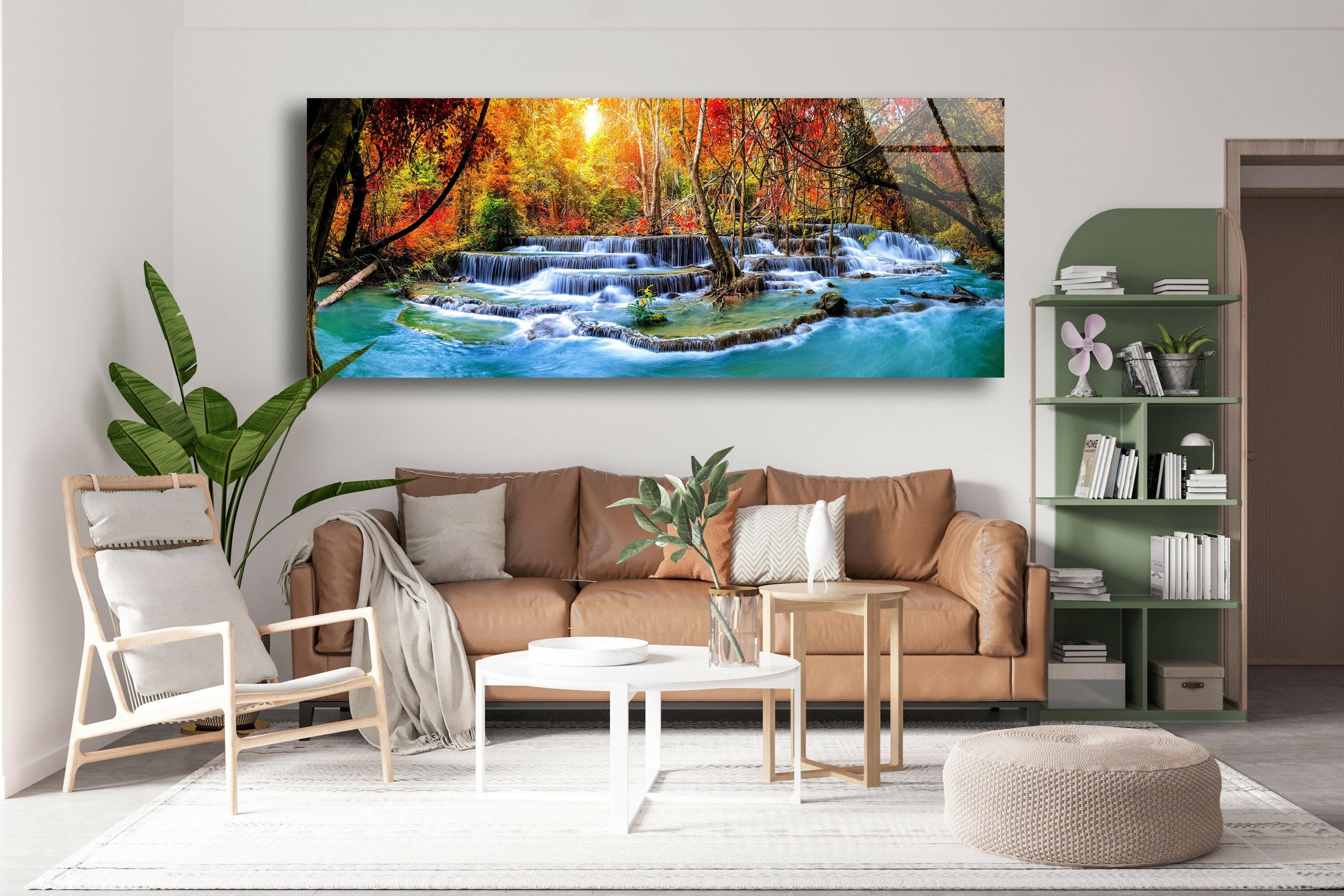 Panoramic Waterfall View at Forest Tempered Glass Wall Art