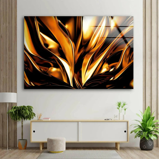 Abstract golden glass wall art prints showcase sharp geometric lines and striking gold accents on a black background.