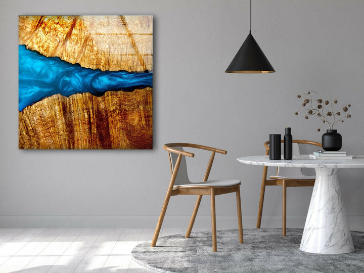 Epoxy Pattern Wood and Blue Glass Wall Art