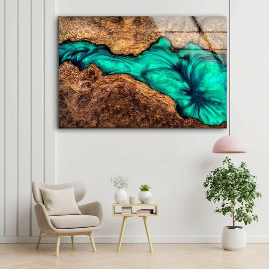 A vibrant teal and brown epoxy resin flowing abstract glass hanging wall art, rendered in cool to warm color temperatures.
