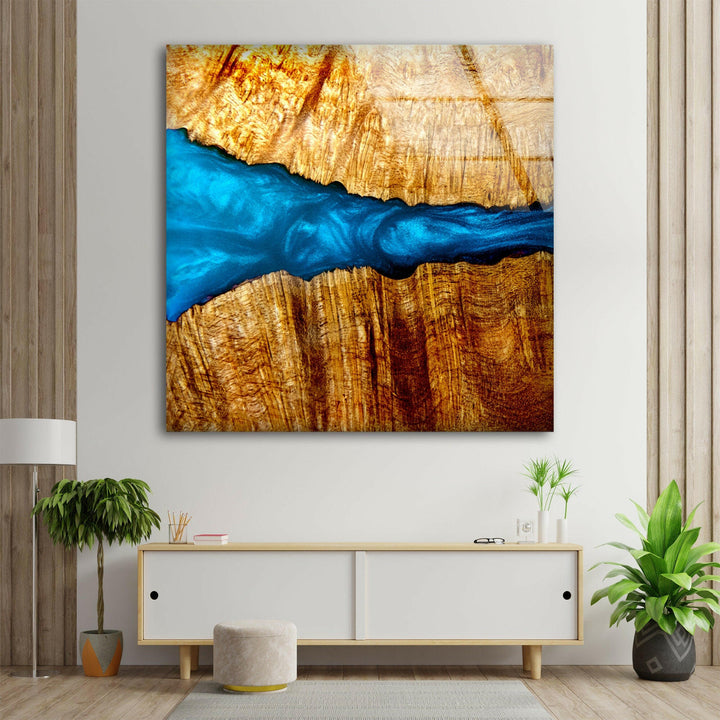 Epoxy Pattern Wood and Blue Glass Wall Art