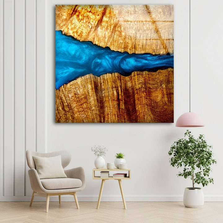 Epoxy Pattern Wood and Blue Glass Wall Art