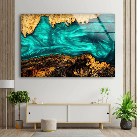 Vibrant emerald green epoxy art resin melds with natural wood for stunning glass wall art decor.