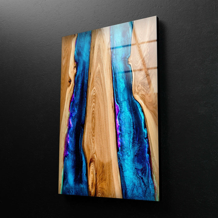 Wandkunst aus Holz und blauem Epoxidglas