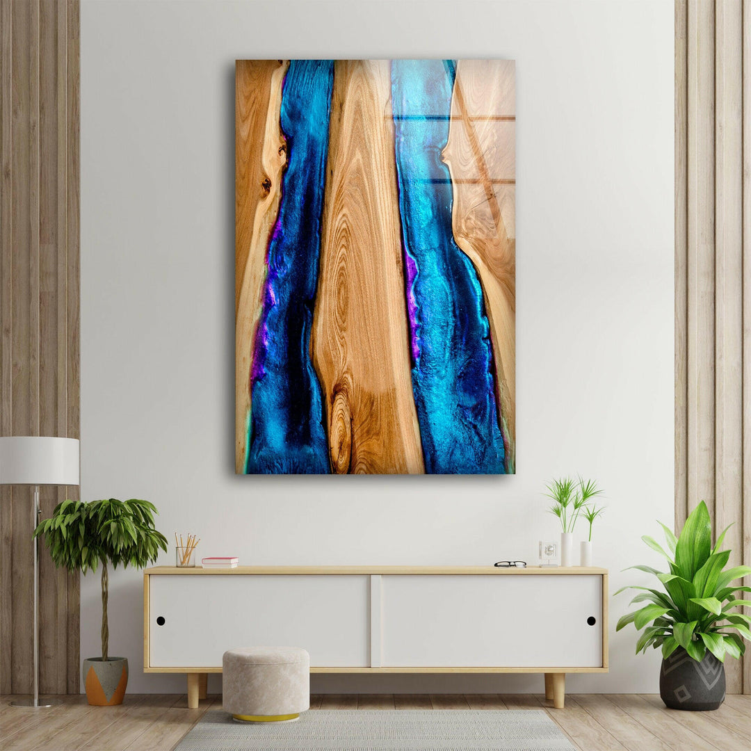 Wandkunst aus Holz und blauem Epoxidglas