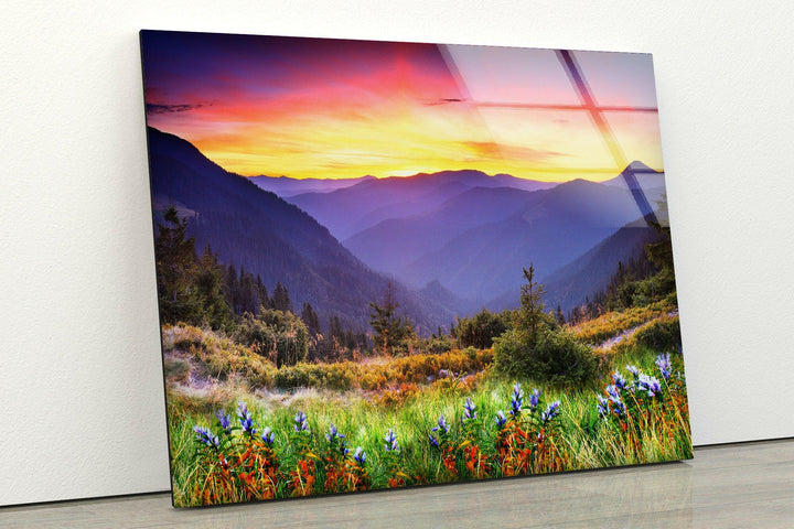 Serene Mountain Meadow at Dusk – A Beautiful Landscape on Glass

